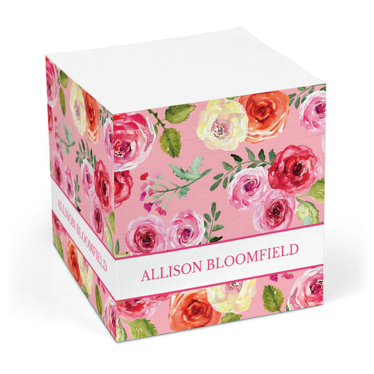 Pink Watercolor Roses Sticky Memo Cube